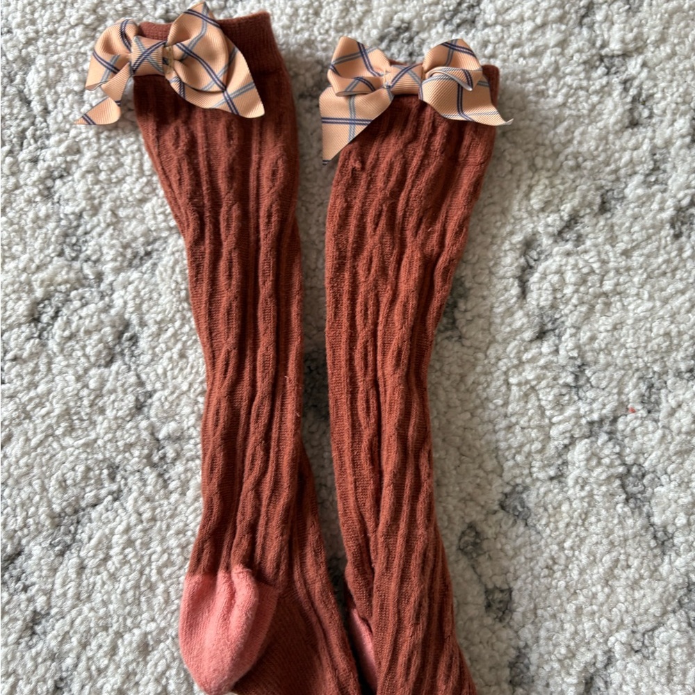 Matilda Jane Brown Cable Knit Socks with Plaid Bows